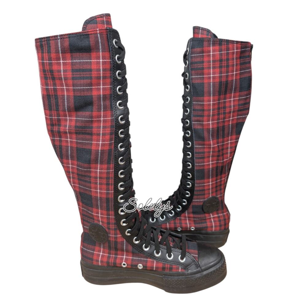 Converse XXHI Platform Lift Plaid Red Black Knee High Elastic Laced Sneaker 6.5